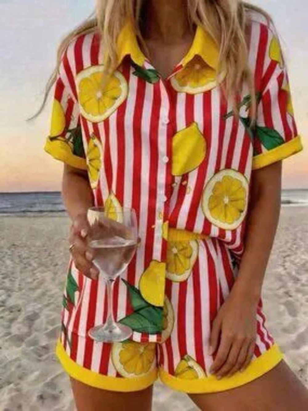 Red Casual Women's Striped Short Sleeve Shirt And Shorts Suit